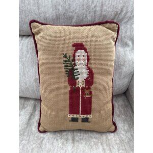 Cross Stitch Primitive Santa Holding Branch Decorative Christmas Pillow
